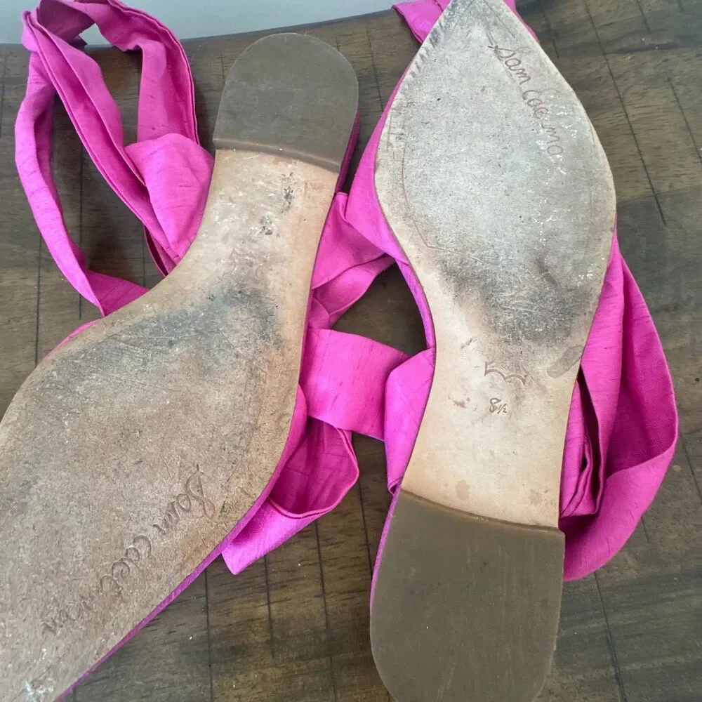 Sam Edelman Lace Up Ballet Flats Pink Satin Wrap Tie Pointed Toe Shoes 8.5 - Picture 7 of 7